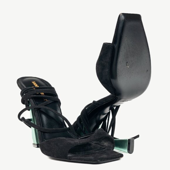 Saint Laurent Paz Black Suede Lace-Up Green-Heeled Sandals - Picture 5 of 11